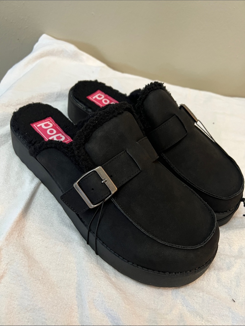 New Black Faux-Shearling Slip-On Clog with Buckle size 9.5